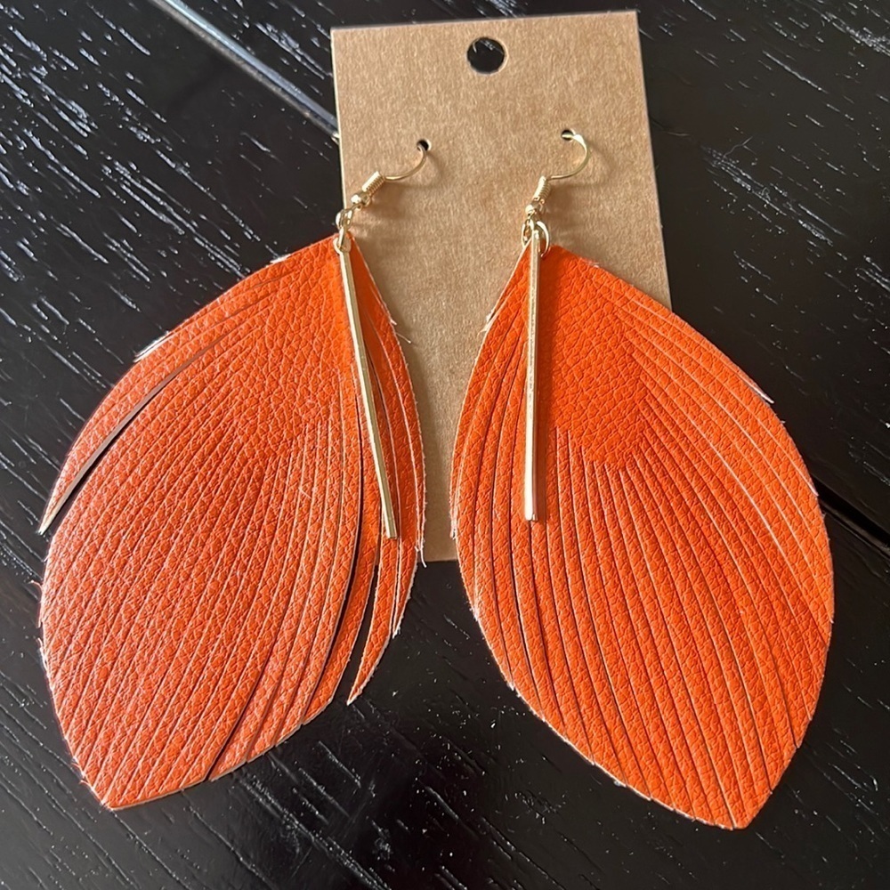 ORANGE Faux Leather Feather earrings-NWT